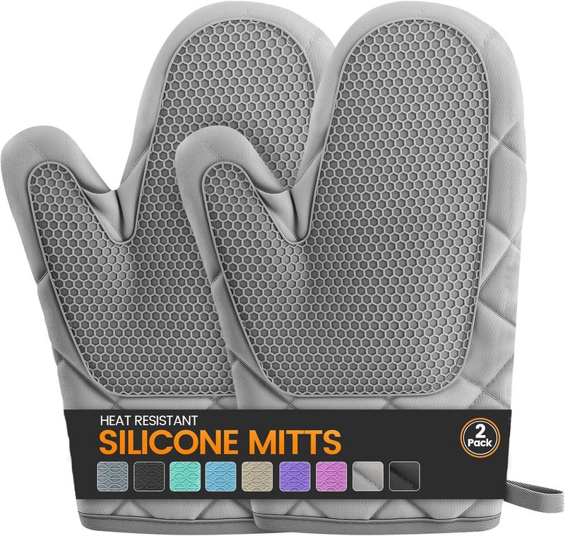 HSEEC Silicone Oven Mitts, Heat Resistant 2PCS Oven Mitts with Soft Cotton Lining, Waterproof Non-Slip Grip Oven Glove, Kitchen Potholder Mits for BBQ, Baking, Cooking, 10.5Inch - Dark Grey - Image 1